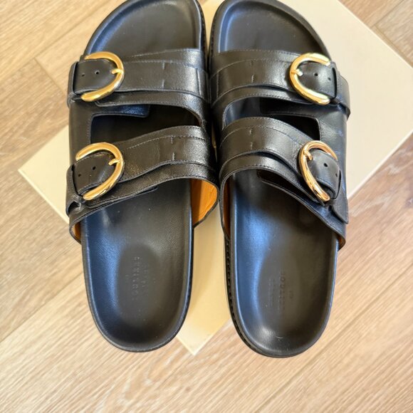 Sezane Lenny Sandals Black Leather Sandals with Gold Buckles-10 - Picture 2 of 8